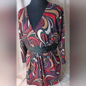 Moa Moa Women's Size M Babydoll Style V-Neck Top w/ Braided Leather Look Detail